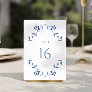 White + Blue Modern Floral Wedding  Table Number