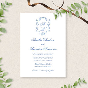 White & Blue Monogram Crest Formal Script Wedding Invitation