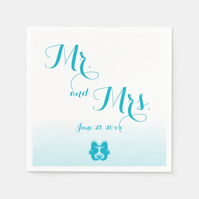 White Blue Mr. and Mrs. Seahorse Wedding Napkins (Front)