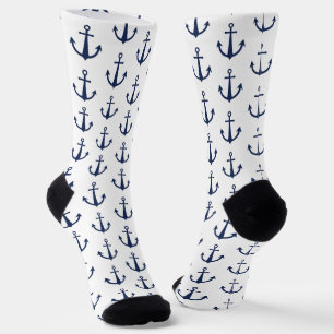White Blue Nautical Anchor Pattern Socks