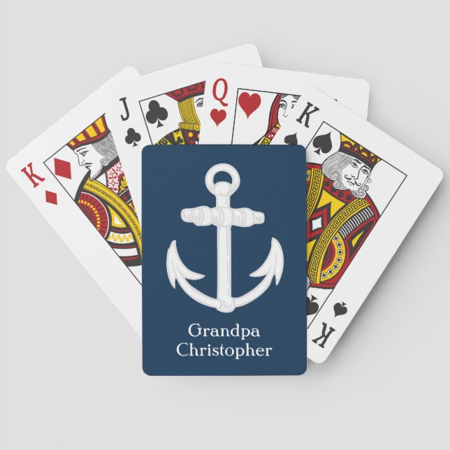 White/Blue Nautical Anchor Symbol Personalized Playing Cards (Back)