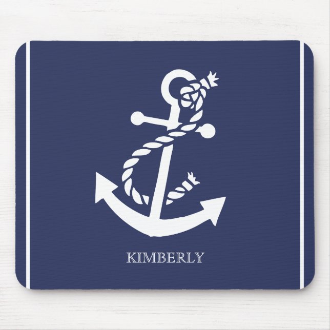 White & Blue Nautical Boat Anchor Mouse Pad (Front)