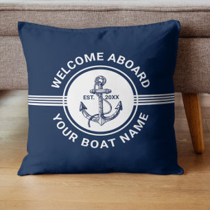 White & Blue Nautical Boat Wheel & Anchor Stripes Throw Pillow