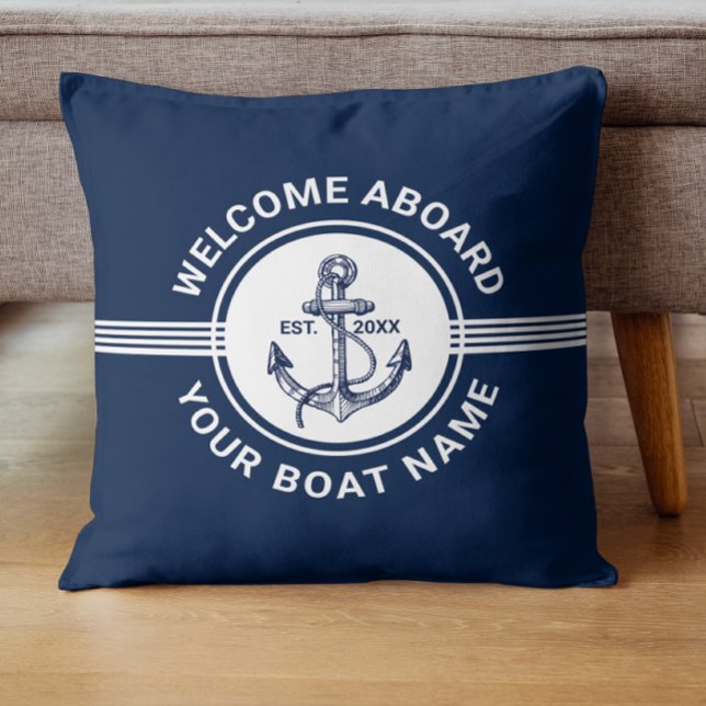 White & Blue Nautical Boat Wheel & Anchor Stripes Throw Pillow (Creator Uploaded)