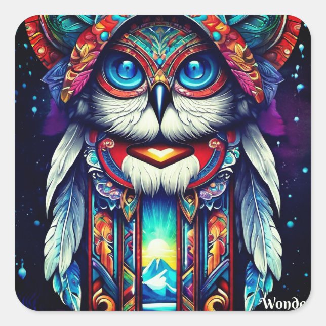 White blue owl square sticker (Front)