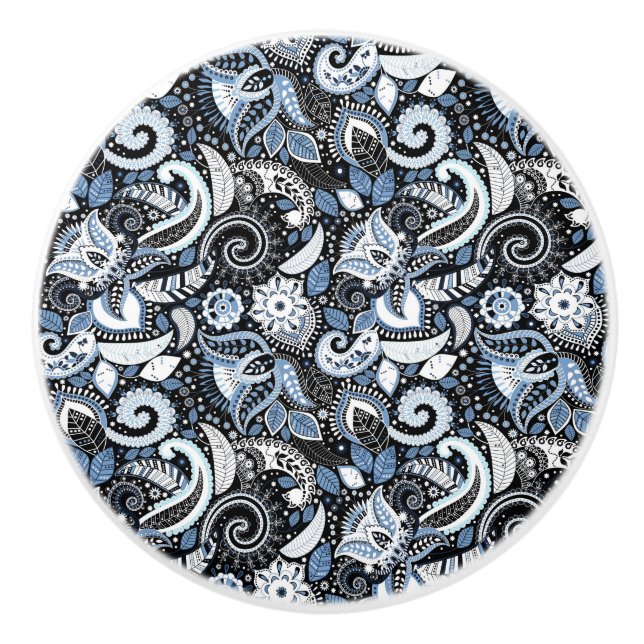 White & Blue Paisley Boho Print Pattern Ceramic Knob (Front)
