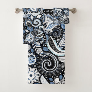 White & Blue Paisley Print Pattern Bath Towel Set