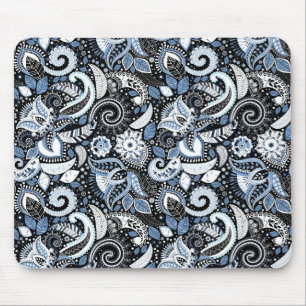 White & Blue Paisley Print Pattern Mouse Pad