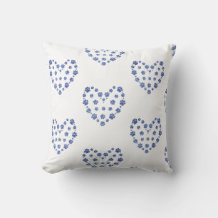 White & Blue Paw Heart Pattern Chic Throw Pillow