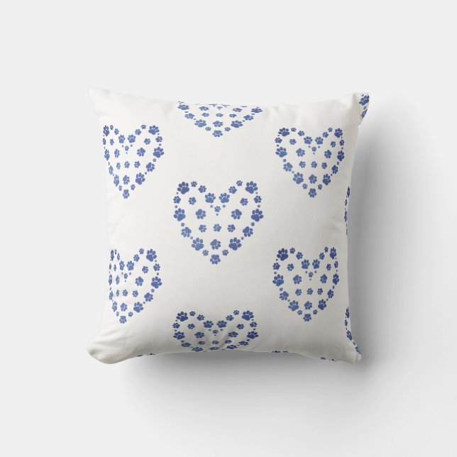 White & Blue Paw Heart Pattern Chic Throw Pillow (Front)