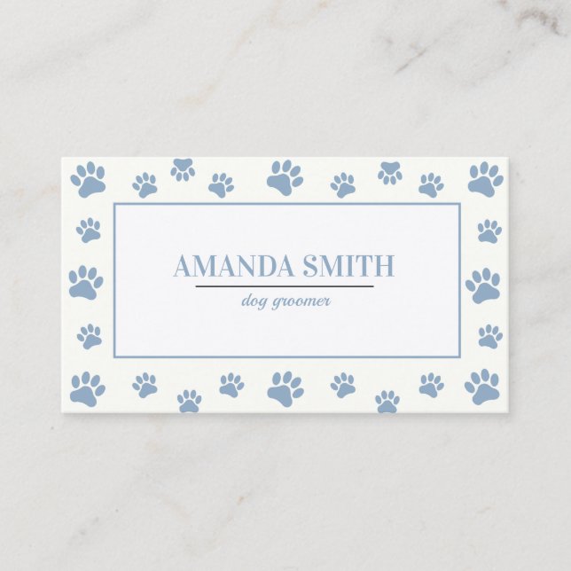 White & Blue Paw Prints Dog Groomer Business Card (Front)