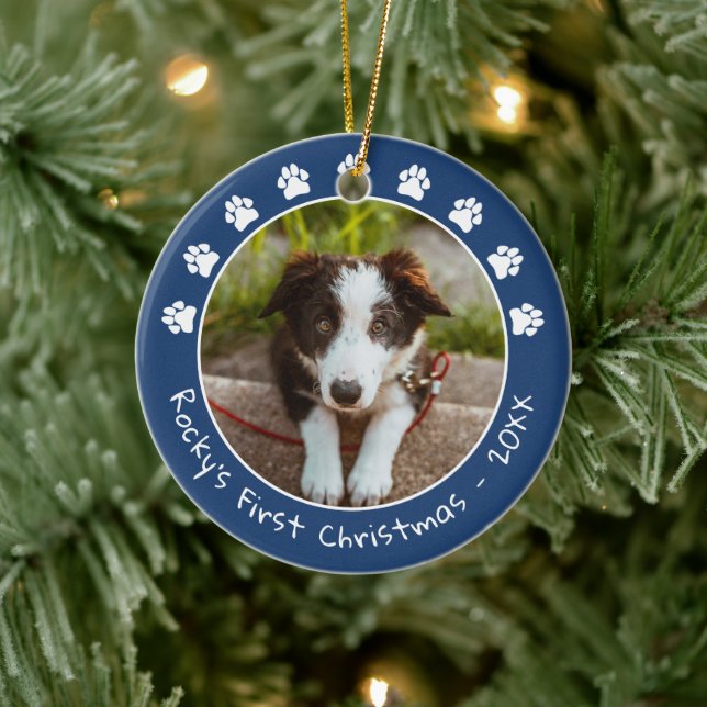 White Blue Paw Prints Pet's First Christmas Photo Ceramic Ornament (Tree)