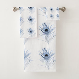 WHITE BLUE PEACOCK FEATHERS BATHROOM TOWEL SET