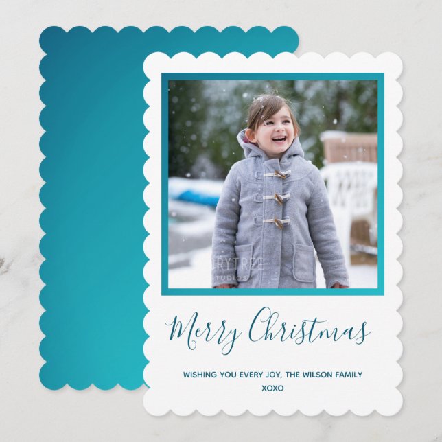 White Blue Photo Christmas Holiday Card (Front/Back)