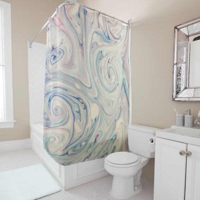 White Blue Pink Modern Abstract Fluid Marbling Art (In Situ)