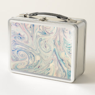 White Blue Pink Modern Abstract Fluid Marbling Art Metal Lunch Box