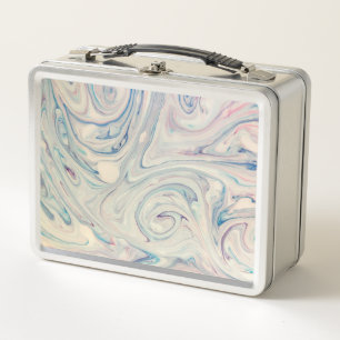 White Blue Pink Modern Abstract Fluid Marbling Art Metal Lunch Box