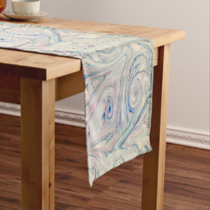 White Blue Pink Modern Abstract Fluid Marbling Art Short Table Runner