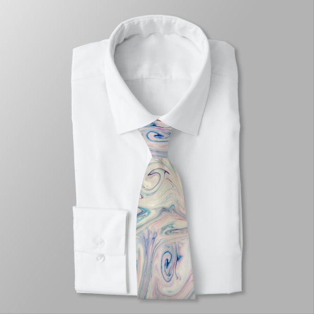 White Blue Pink Modern Abstract Fluid Marbling Art Tie (Tied)