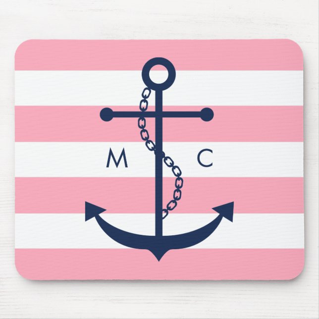 White Blue Pink Monogram Stripes Anchor Mouse Pad (Front)