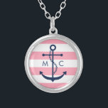 White Blue Pink Monogram Stripes Anchor Silver Plated Necklace<br><div class="desc">Stylish design features an anchor silhouette on wide stripes and can be personalized with your monogram,  initials,  name,  or any text of your choice.</div>