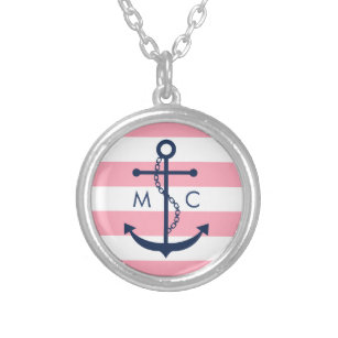 White Blue Pink Monogram Stripes Anchor Silver Plated Necklace