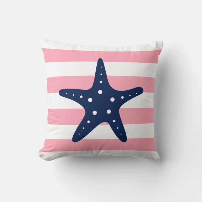 White Blue & Pink Wide Stripes Pattern Starfish Throw Pillow (Front)
