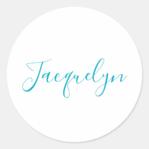 White Blue Plain Elegant Modern Calligraphy Name Classic Round Sticker