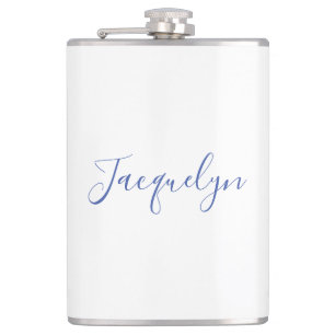 White Blue Plain Elegant Modern Calligraphy Name Hip Flask