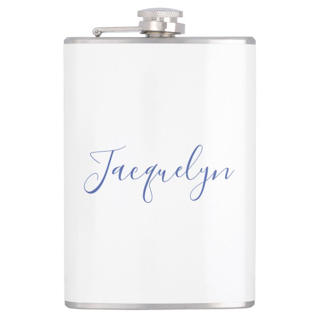 White Blue Plain Elegant Modern Calligraphy Name Hip Flask (Front)
