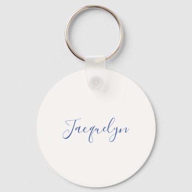 White Blue Plain Elegant Modern Calligraphy Name Keychain (Front)
