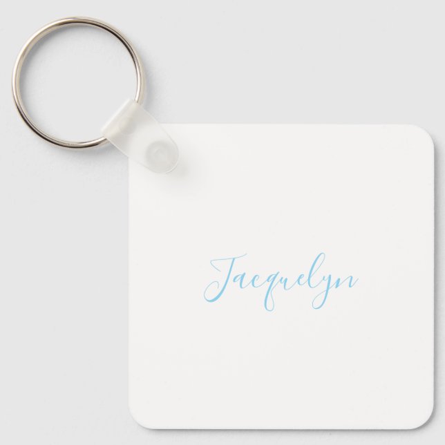 White Blue Plain Elegant Modern Calligraphy Name Keychain (Front)