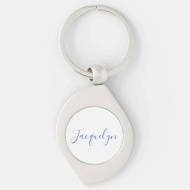 White Blue Plain Elegant Modern Calligraphy Name Keychain (Front)