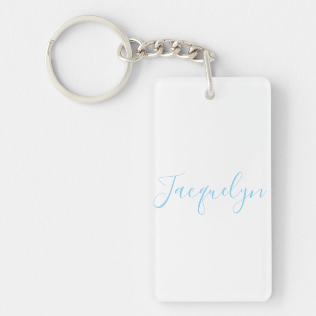 White Blue Plain Elegant Modern Calligraphy Name Keychain (Front)