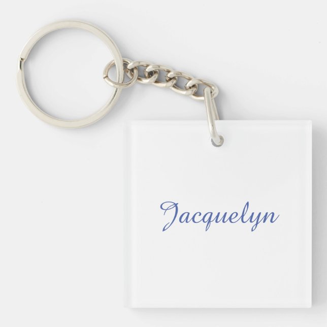 White Blue Plain Elegant Modern Calligraphy Name Keychain (Front)