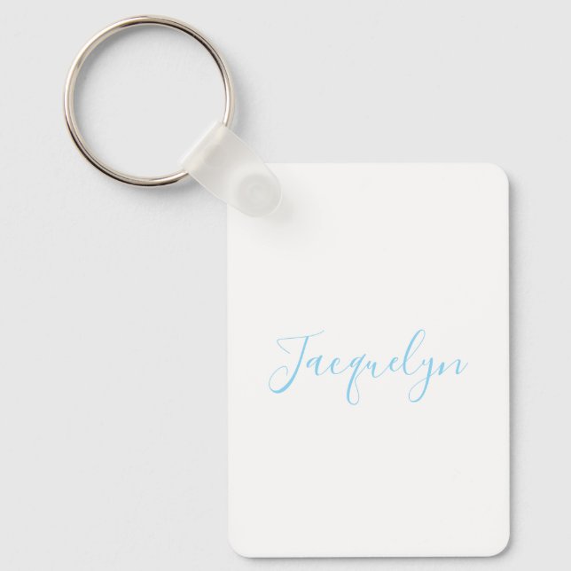 White Blue Plain Elegant Modern Calligraphy Name Keychain (Front)