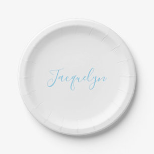 White Blue Plain Elegant Modern Calligraphy Name Paper Plate