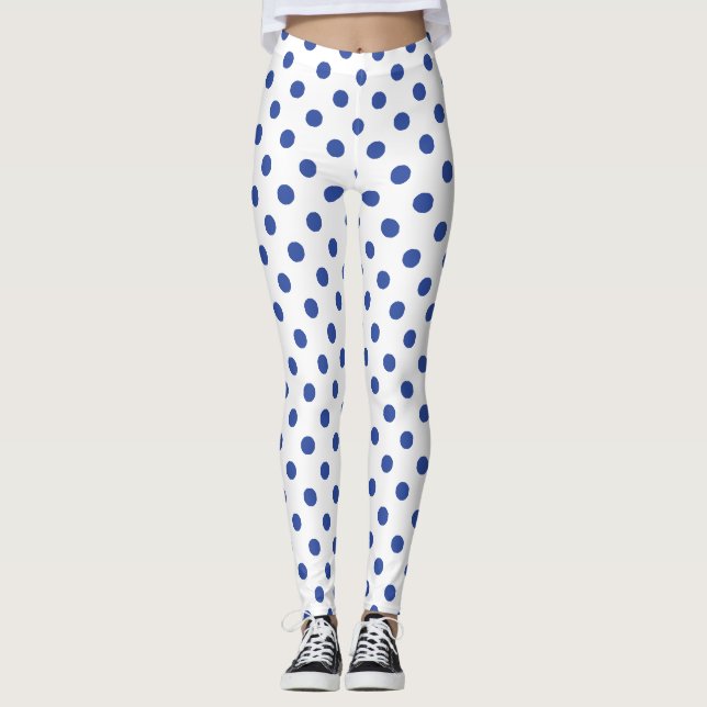 White Blue Polka Dot Pattern Leggings (Front)
