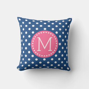 White & Blue Polkadot Pattern Pink Accents Throw Pillow