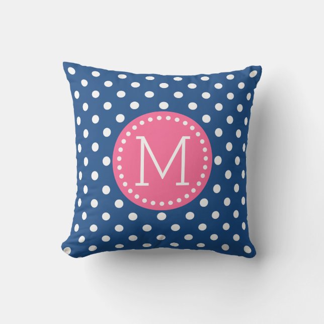 White & Blue Polkadot Pattern Pink Accents Throw Pillow (Front)