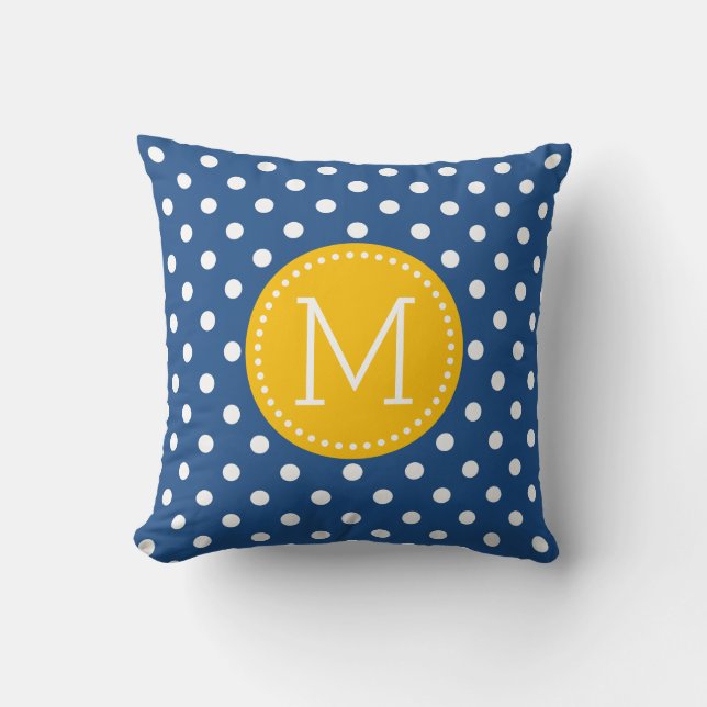 White & Blue Polkadot Pattern Yellow Accents Throw Pillow (Front)