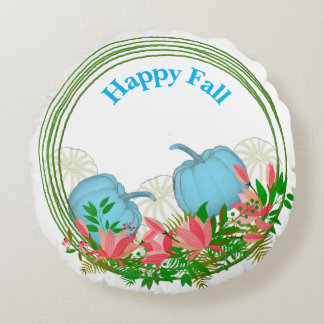 White Blue Pumpkins Fall Wreath Greenery Floral Round Pillow