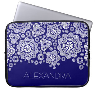 White & Blue Retro Ornate Circles-Monogram Laptop Sleeve