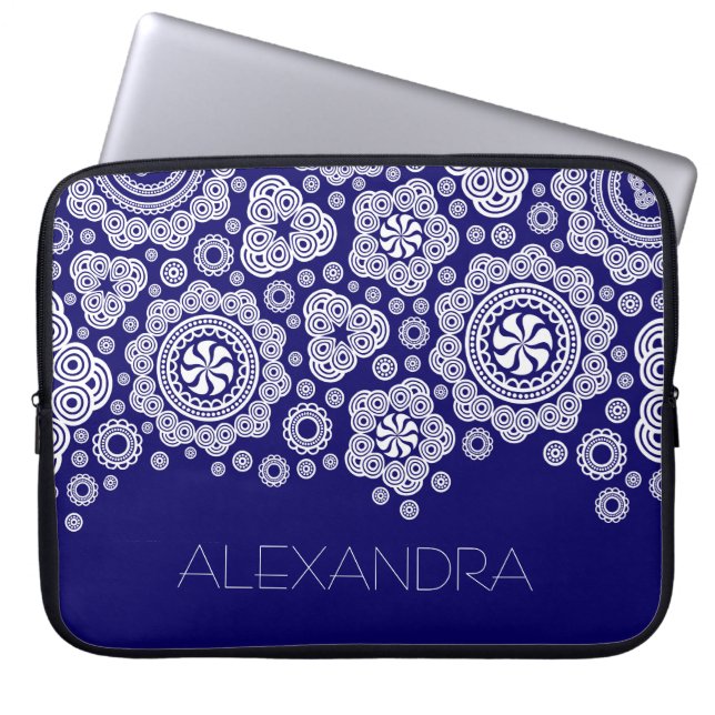 White & Blue Retro Ornate Circles-Monogram Laptop Sleeve (Front)