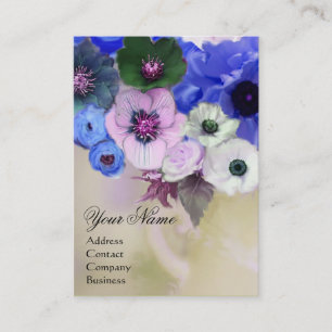 WHITE BLUE ROSES AND ANEMONE FLOWERS MONOGRAM BUSINESS CARD