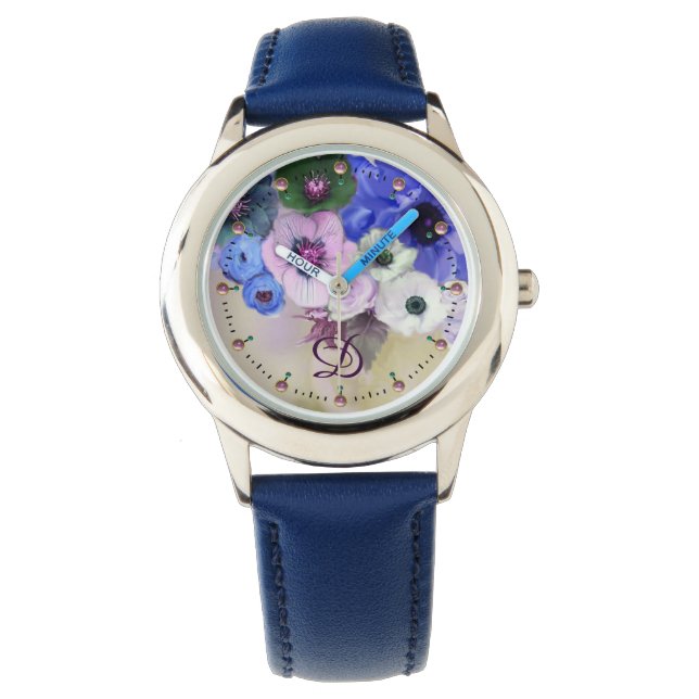 WHITE BLUE ROSES,ANEMONE FLOWERS MONOGRAM WATCH (Front)
