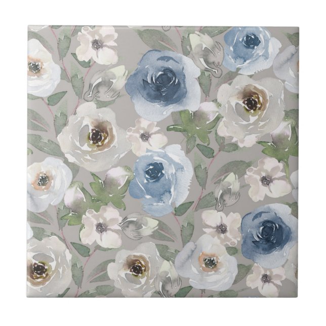White Blue Roses Ceramic Tile (Front)