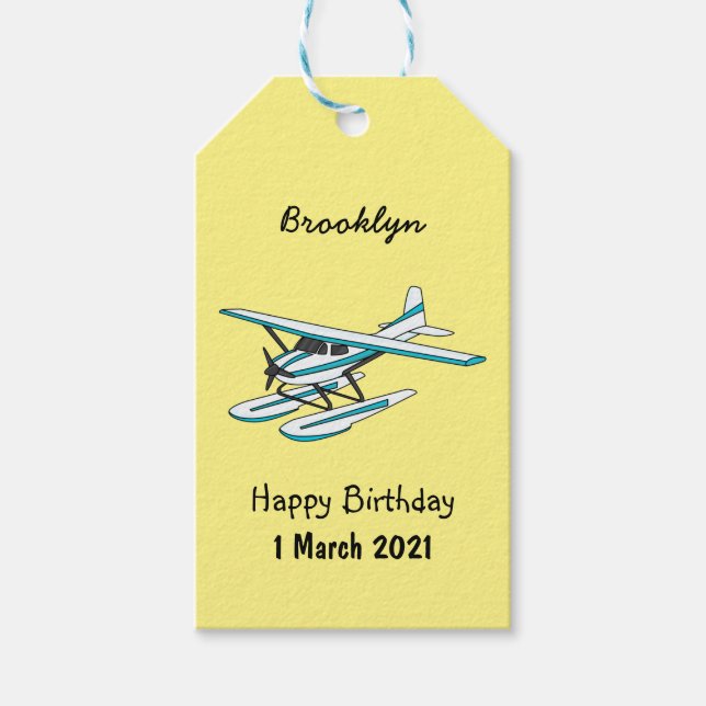 White blue seaplane illustration gift tags (Front)