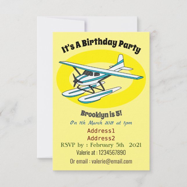 White blue seaplane illustration invitation (Front)