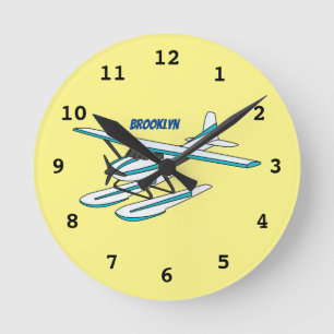 White blue seaplane illustration round clock